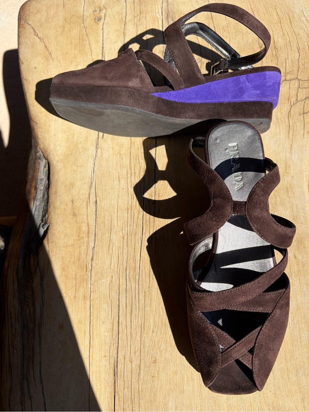 Vintage Prada Brown & Purple Suede Strappy Wedge Sandals — 37.5 / US 7.5